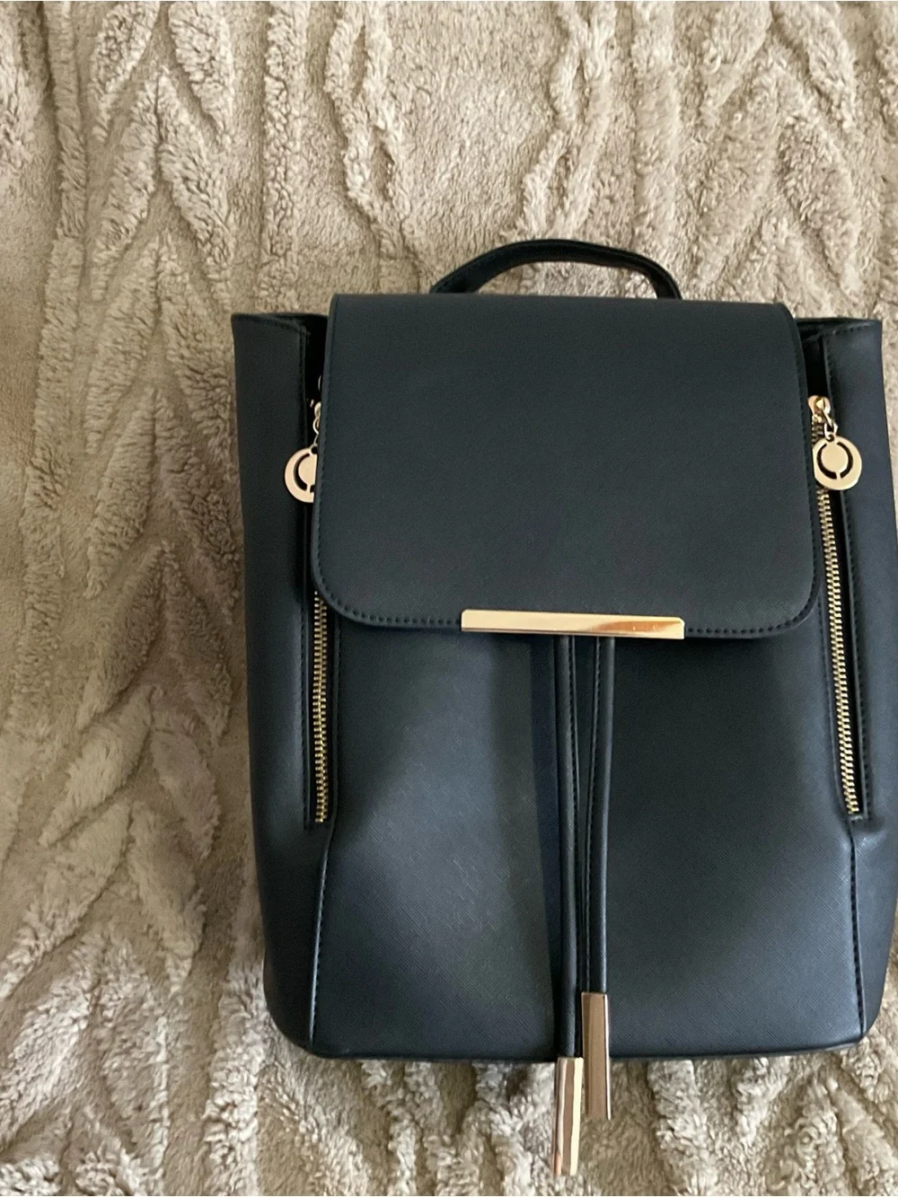 Women's Black Faux Leather Backpack with Gold Hardware